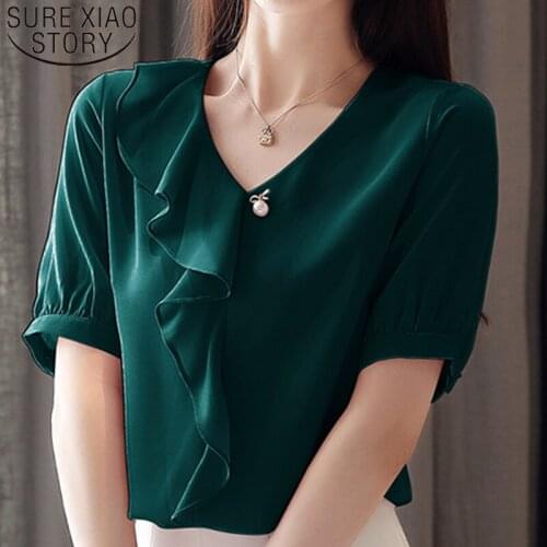 Summer 2019 Loose Elegant Women Blouse New Fashion Women Clothing Women Tops Short Sleeve V-neck Casual Solid Blouse 5236 50