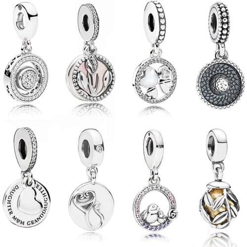 Fashion New Silver 925 Sombrero Pendant Charm, Hanging Laurel Leaves Golden, Heart, Three Generations Woman Jewelry Gift