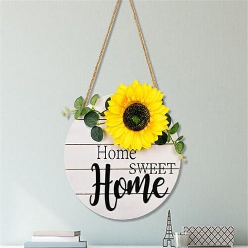 New Sunflower Wooden Doorplate Door Hanging Fake Flower Simulation Flowers Wall Hanging Home Decoration Wreath High Quality