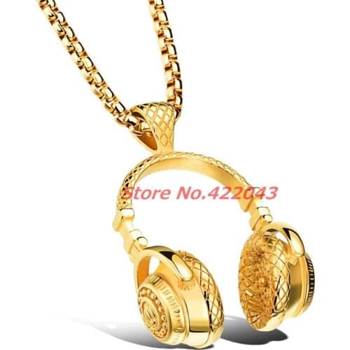New Design 316L Stainless Steel Jewelry Men & Womens Music Headphones Pendant Necklace, Gold Color , Free 3MM Box chain