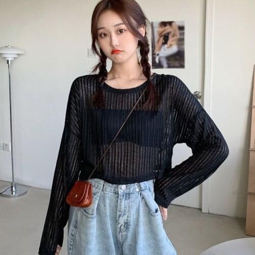 Autumn Knitted Sunscreen Tops Thin Solid Sexy Women O-neck Short T-shirt Long Sleeve Top