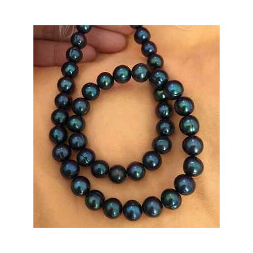 Stunning 8-9mm tahitian black green baroque pearl necklace 17inch 14k