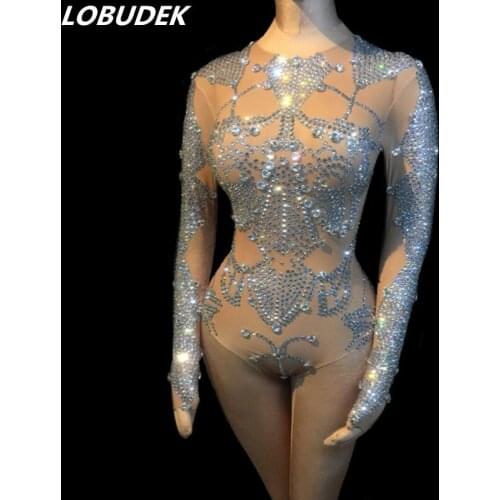 Long Sleeve Silver Rhinestones Nude Bodysuit Stretch Tights Bar Nightclub Women DJ Singer Dancer Pole Dancing Stage Wear Costume