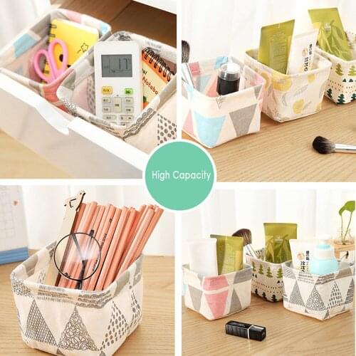 Foldable Linen Desktop Storage Basket Sundries Storage Box With Handle Desk Makeup Organizer