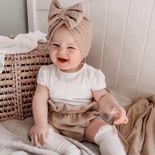 Warm Soft Cotton Bow Hat Baby Waffle Knitted Wool Bow Beanie Children Turban Hedging Hat Large Bowknot Hat for Newborn Infant