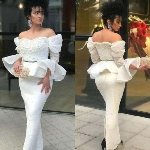 Two Pieces Pearls Evening Dresses Off Shoulder Long Sleeve Mermaid Prom Dress Ankle Length Long Party Gowns vestidos de novia