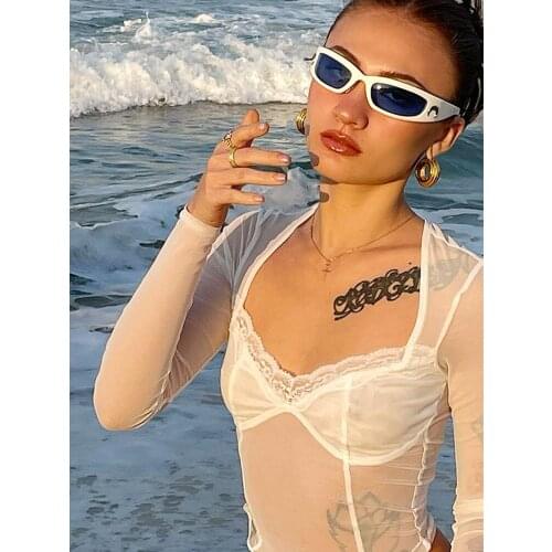 Sexy Mesh Crop Tops Women Y2K Lace Trim 90s Aesthetics Cropped Tops Square Neck Long Sleeve Party Beach Holiday T-shirts Tee Top