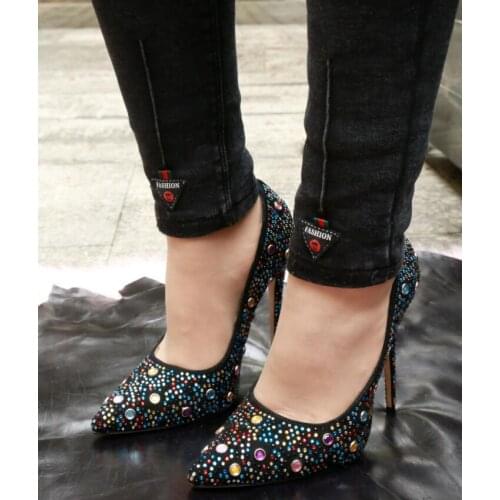 2019 glitter shoes women rhinestone pumps thin heel party shoes spike stud pumps pointed toe high heels bling bling dress shoes