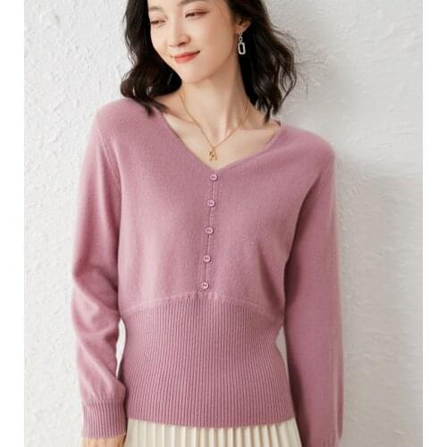 2021 woman winter 100% Cashmere sweaters knitted Pullovers jumper Warm Female V-neck blouse blue long sleeve clothing