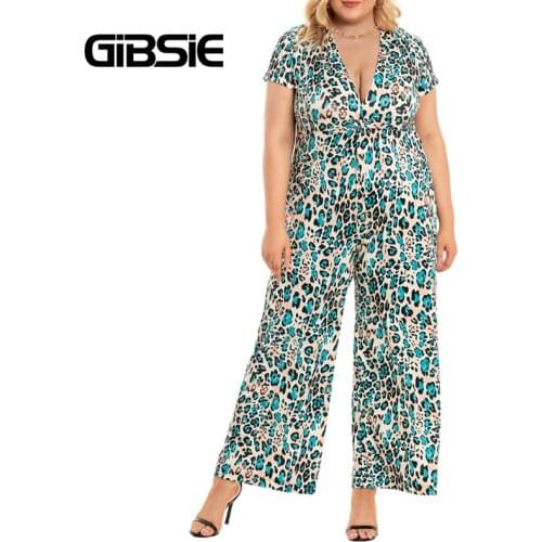 GIBSIE Plus Size V Neck Twist Front Leopard Print Jumpsuit Women Summer Short Sleeve High Waist Female Street Wide Leg Jumpsuits