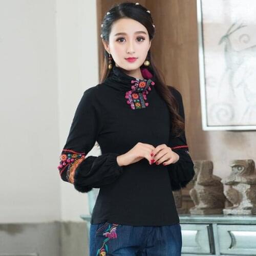 Women pullover 2021 mori girls autumn winter Japanese style fresh vintage long sleeve turtleneck embroidery black t shirt AF502