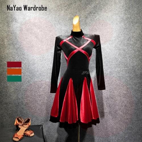 Sexy Latin Dance Dress Women Long Sleeve Patchwork Lotus Dress for Ballroom Samba Tango Chacha Dancing Performamnce L-3