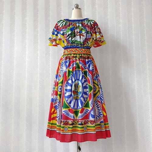 2021 Fall runways womens High quality Cotton flare sleeves dress Italy Style retro print dress C862