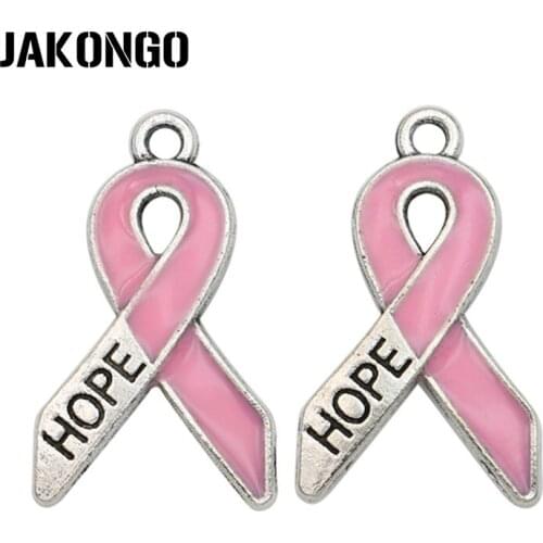 20PCS Antique Silver Plated Enamel Breast Cancer Ribbon Hope Charms Pendant fit Jewelry Making Accessories DIY Craft 24x14mm