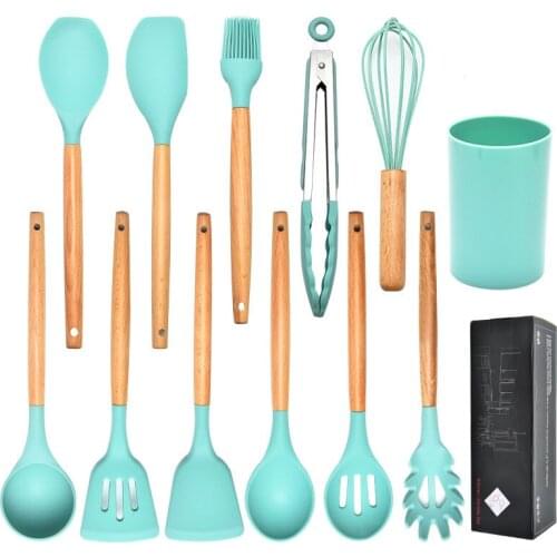 12pcs Silicone Cooking Tools Set Spatula Shovel Spoon with Wooden Handle Practical Kitchen Cooking Utensils Kitchenware
