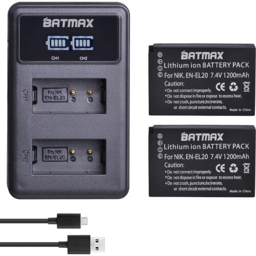 Batmax 1200mAh EN-EL20 EN EL20 EN EL20a Battery + LED Dual USB Charger for Nikon Coolpix P1000 Nikon1 J1, J2, J3 Nikon1 AW1