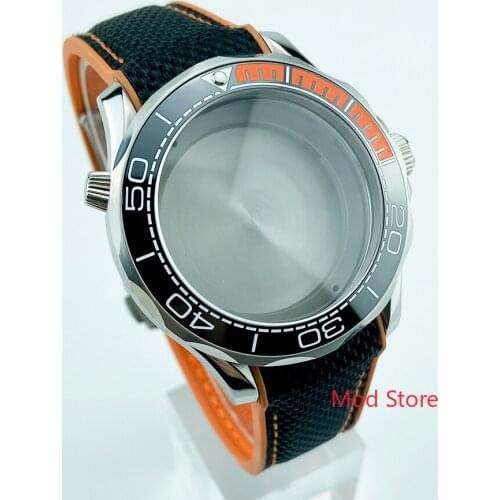 41mm Sea-Master Style Watch Case Black Orange Ceramic Bezel Rubber Strap 316 Solid SS Fit ETA2836 DG2813 Mov't 200M Tested WR