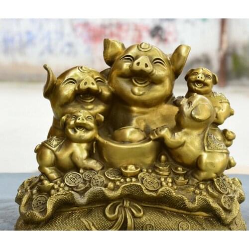 Pure Bronze Wealth Yuanbao Money bag Happiness Pig Swine Pigs Family Animal