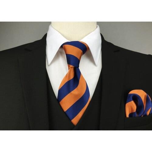 E27 Navy Blue Orange Striped Silk Mens Necktie Set Wedding Dress Ties for male Brand New Classic Hanky Extra long size