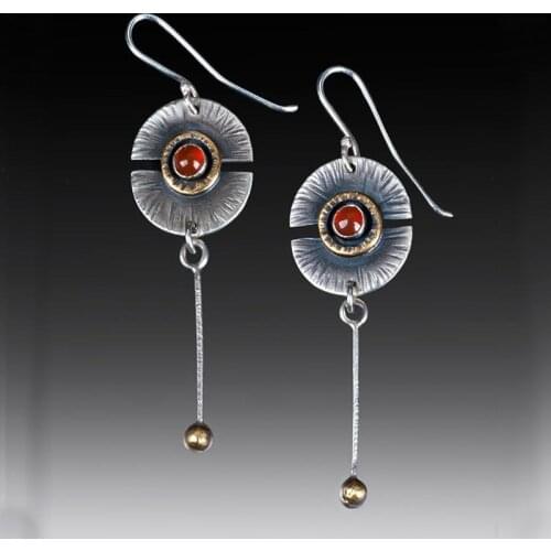 Tribal Half Round Orange Beads Stone Earrings Vintage Two Tone Jewelry Antique Oval Metal Swing Hanging Dangle Earrings