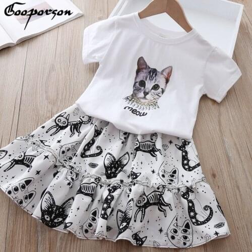 Gooporson Girls Ruffle Outfits Summer Fashion Cartoon Cat Printed Top&skirt Little Girl Clothing Set Cute Outfits Cute Costume