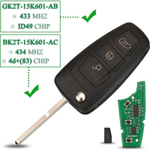 Bilchave 3 Buttons Flip Remote Car Key 433Mhz ID49/4D+(83) Chip GK2T-15K601-AB/ BK2T-15K601-AC FOB For Ford Tourneo Custom 2015