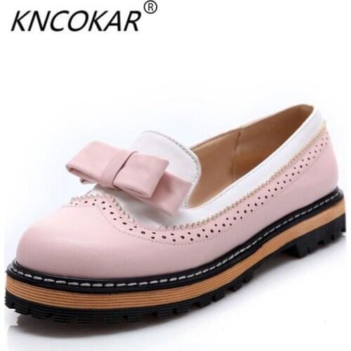 KNCOKAR spring and autumn new single-shoe Color matching bowknot The bottom of the thick Fashionable and sweet womens shoes