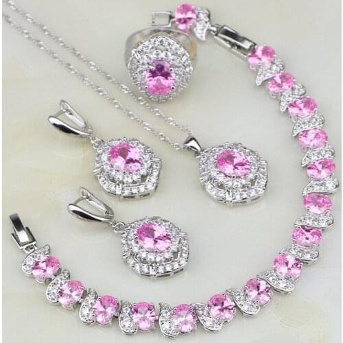 Egg Shaped Pink Cubic Zirconia White Zircon 925 Silver Jewelry Sets For Women Wedding Earring/Pendant/Necklace/Bracelet/Ring
