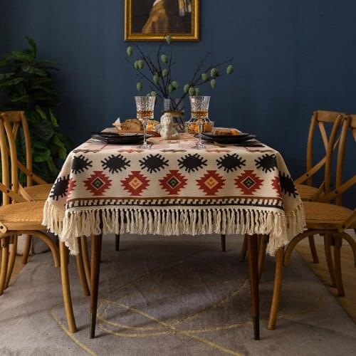 Ethnic Thicken Tablecloth Cotton Yarn Dining Table Cover Multi Functional Retro Table Cloth with Tassel for Banquet Party Nappe