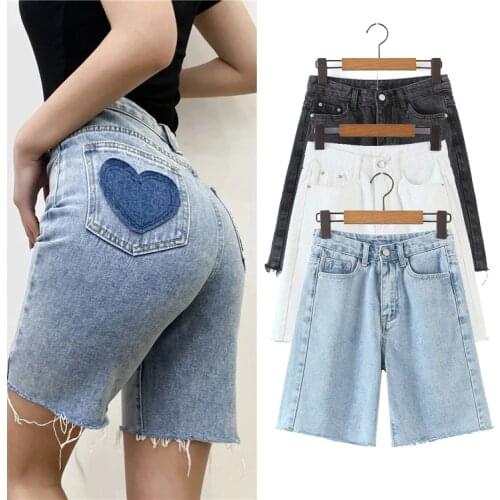 Fashion Love Patch Pocket High Waist Thin Jeans Summer Womens Capris Casual Simple Short with Rough Edge DLZK232