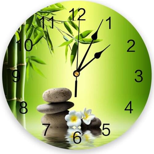 Bamboo Leaves Stone Plumeria 3d Wall Clock Modern Design Farmhouse Decor Kitchen Vintage PVC Round Clock Living Room Decoration