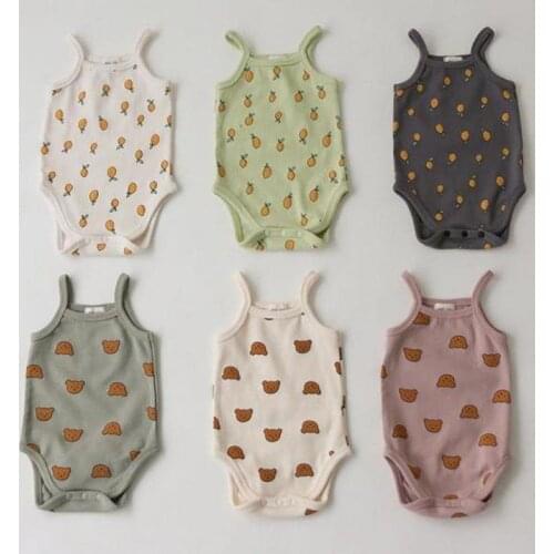 2021 Summer New Cute Bear Print Newborn Toddler Sleeveless Bodysuit Cotton Baby Boy Jumpsuit Lemon Print Girl Clothes