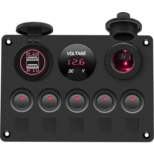 Boat Switch Panel Car Switch Panel Waterproof Digital Voltmeter Dual USB Port 12V Outlet Combination Marine LED Rocker 5 Gang