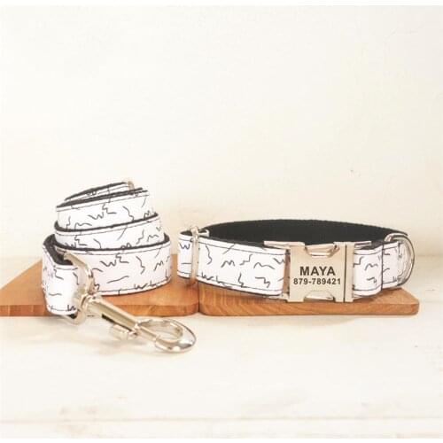 Personalized Pet Collar Free Engraving Custom Puppy Nameplate ID Tag Adjustable Buckle Black Lines Basic Collars Lead Leash Set