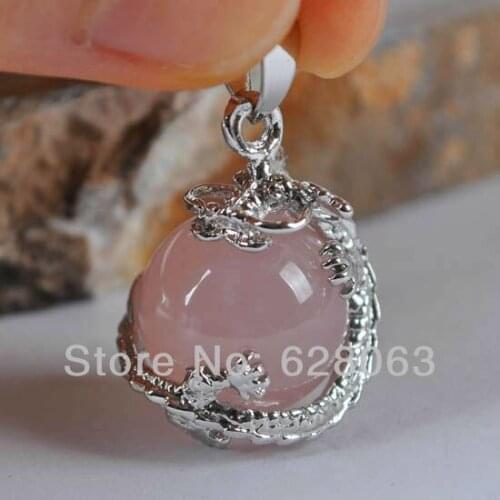 Dragon Pendant Natural Stone 16MM Round Bead Pink Quartz Fit Necklace For Men Women Jewelry Gift Earrings Gem K1908