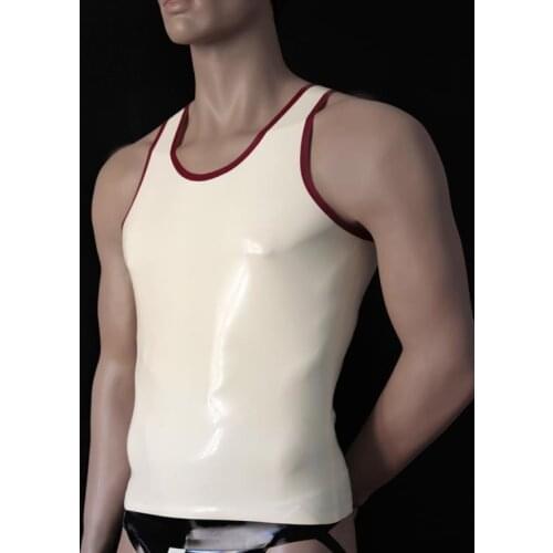 Simple style mens white slim latex sleeveless shirt with red trims design 100% handmade crafts