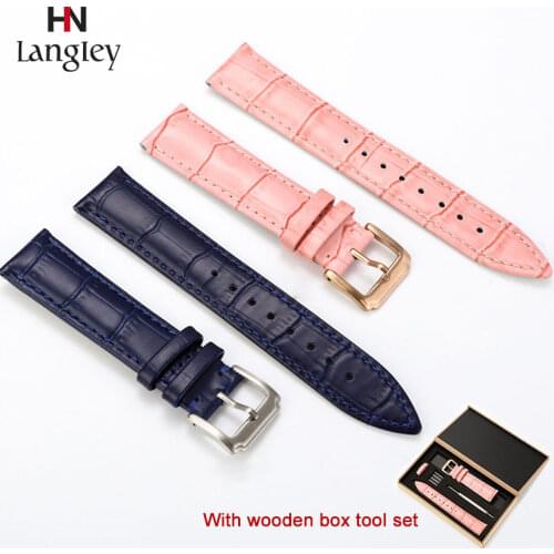 High Quality Genuine Leather Watchbands 12-23mm Watch Steel Pin buckle Band Strap cowhide Wrist Belt Bracelet with wooden box