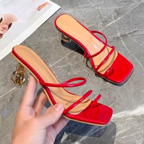 Newly Arrived Thin Belt Jelly Shoes Square Toe High Heels Sandals Women Clear Heel Summer Slippers Flip Flops For Women 2021