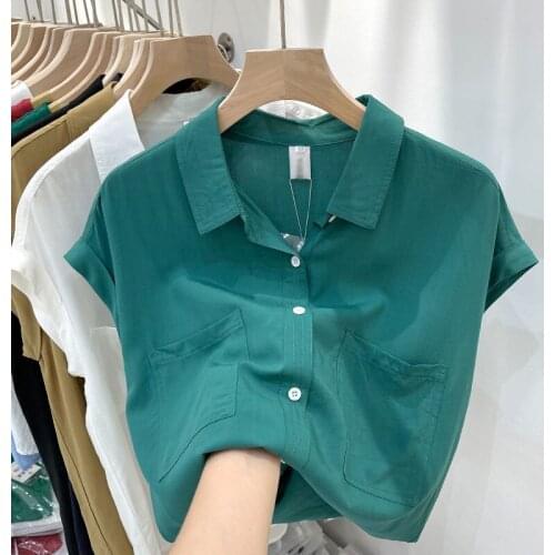 Chiffon Women White Shirts Summer New 2021 Short-Sleeved Solid Slim Pocket Office Lady Outwear Tops