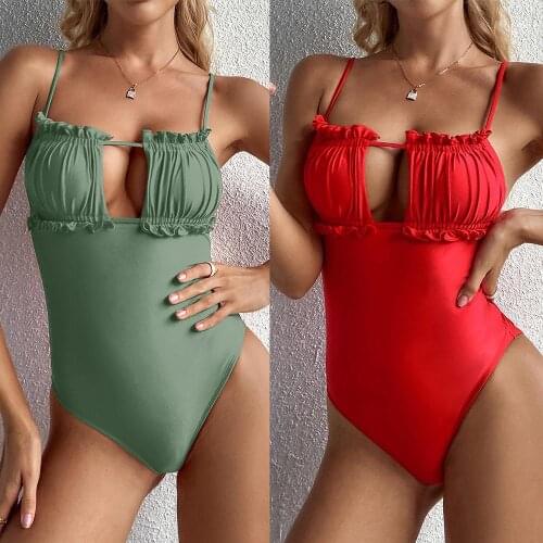 Sexy Hollow Out Bandeau Bikini Set Women Bodysuit Swimwear One Piece Backless Swimsuit Female Bather Pleated Bathing Suit Beach
