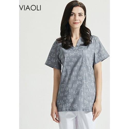 Cat printing Scrubs top pet grooming work uniform tops+pants Lab dustproof work wear Breathable Cotton tops summer men and women