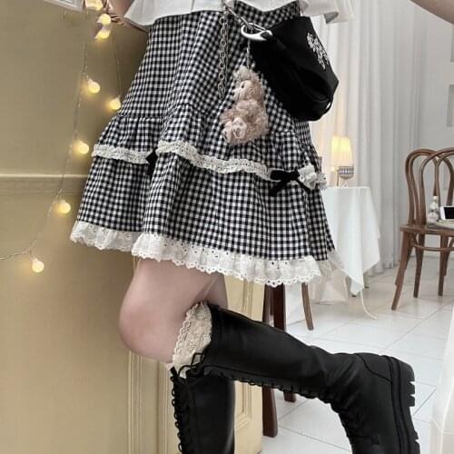 Kawaii Skirts Women Summer Plaid Lace Girl High Waist Ball Gown Elegant Japanese Style All-match Cute Mini Fashion Lolita Skirt