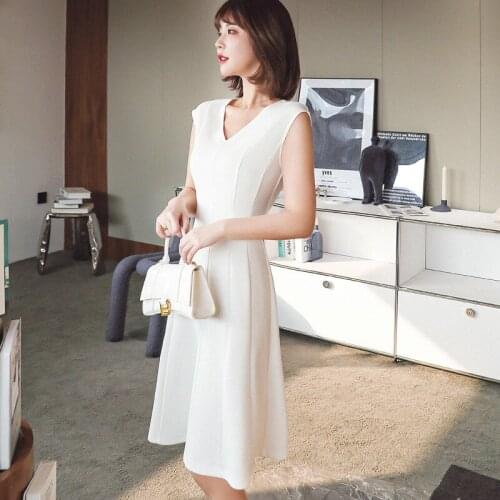 2021 New High Waist Sexy V-neck Dress Women Lady Hin Temperament Slim A-line White Vest Dress Woman