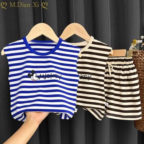 Fashion Childrens Vest Suit Summer Boys and Girls Thin Vest Shorts Two-piece Childrens Striped Sleeveless Summer Tide