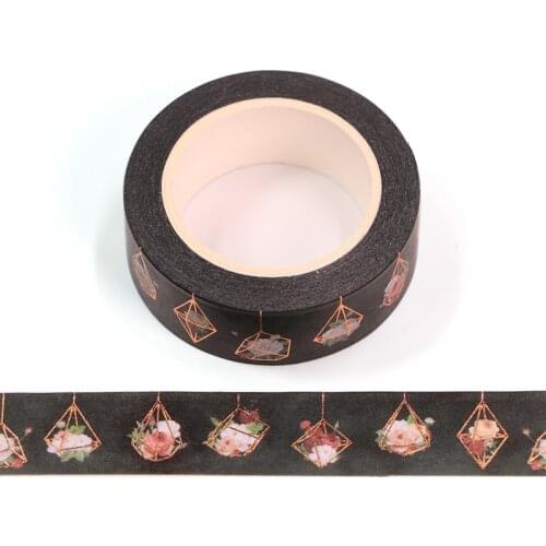 1PC 15MM*10M Foil Diamond with Red Flowers Black Decorative Washi Tape Scrapbooking Masking Tape School Office Supply