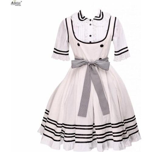 2018 Ainclu Sweet Lolita Dress Womens Beige White Cotton Short Sleeves Bow Belt Cosplay XS-XXL Lolita Cute Dress