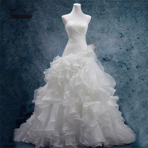 2021 Hot Sale In Stock Sweetheart Neckline Ruched Bodice Ruffled Organza Reals Chapel Train Wedding Dresses Vestido De Noiva