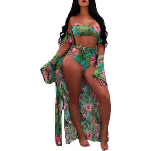 3PCS Brazilian bikinis 2018 bathing suits women sexy floral print Bandeau maillot de bain Bikini top High waist beachwear Summer