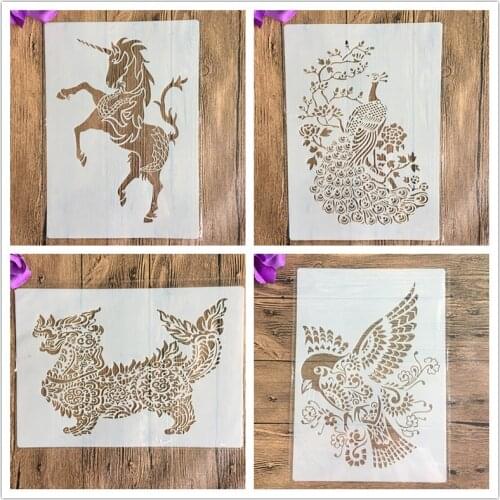 4pcs/set A4 animal Mandala Stencils Painting Coloring Embossing Scrapbook Album Decorative Template cake stencil crafts books
