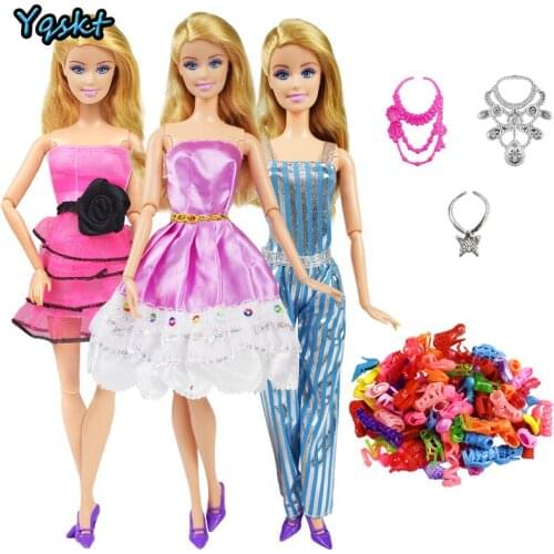 9 Item/Set Doll Accessories=3 Pcs Doll Clothes Dress + 3 Plastic Necklace + Random 3 Pairs Shoes for 12 Inch Doll Accessories
